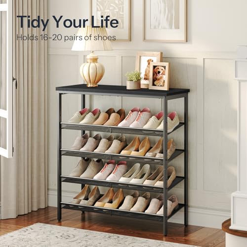 Image of HOOBRO Shoe Rack for Entryway, 5-Tier Shoe Organizer with Adjustable Mesh Shelves, 12-16 Pairs of Shoes, Spacious Floor Mount, Metal, Industrial, Shoe Shelf for Closet, Black BB12XJ01