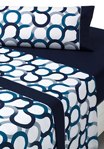 SABANALIA - Juego de sábanas Estampadas Aros | 4 Piezas | Dos Fundas de Almohada, Bajera Ajustable y sábana encimera | Cama 160 | Color Azul | (Disponible en Varios tamaños y Colores)