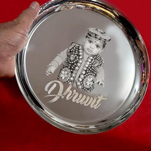 Image of Customised /Laser Photo Print Stainless Steel Round Lunch & Dinner Set for Kids Dinner Plate (7 Piece Set) (Big Thali Set)