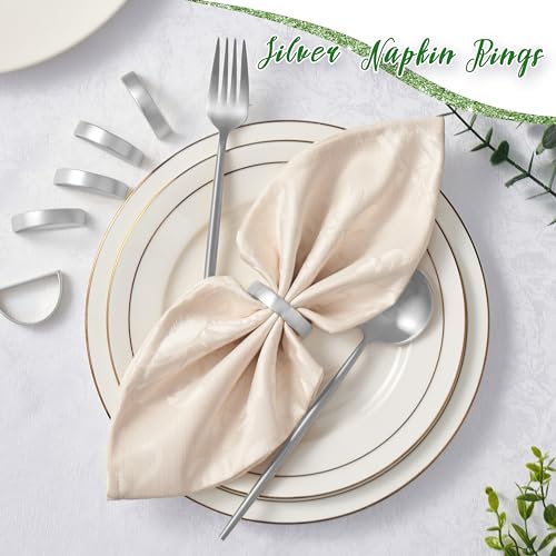 Image of APTWOW Silver Napkin Rings Set of 12, Semicircle Metal Silver Napkin Holder Buckles, Fall Thanksgiving Christmas Napkin Rings for Dinner Table Decor, Wedding, Banquet, Party