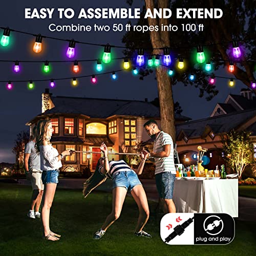 Queker 2023 Upgraded Outdoor String Lights, Diy Color Changing Rgb Bright Smart Light 50Ft Work With Alexa & Remote For Party, Ip65 Waterproof Outside Patio String Light With 15 Dimmer Led Bulbs #TOP6