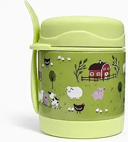 Pote Térmico c/colher - 300ml Hermético - Aço Inox com parede dupla e Isolamento à vácuo - Ideal para Frutas Sopas Papinha Marmita - Quente e Frio (Fazendinha - Verde)