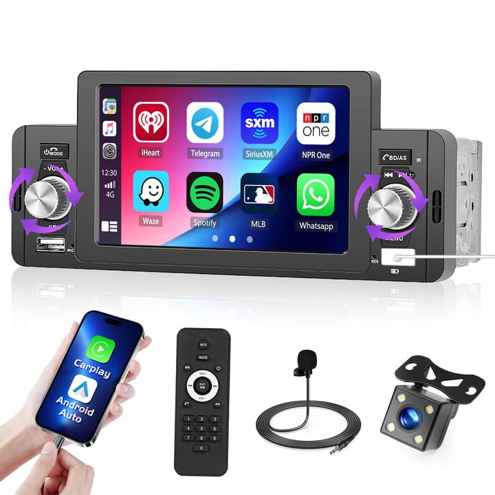 Hikity 1 DIN 5 Pulgadas Touchscreen Radio de Coche Wired Carplay Android Auto Estéreo Coche Bluetooth Manos Libres Radio con Cámara de Visión Trasera FM Mirror Link SWC 2USB/AUX-in/2 Pomo