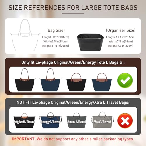 Doxo Upgraded Purse Organizer Insert for LongChamp, Bag Organizer for Long Champ Large and More, Ultra-light Waterproof DupontPaper le pliage Accessories, Women Tote Handbag Dividers(White,L)2