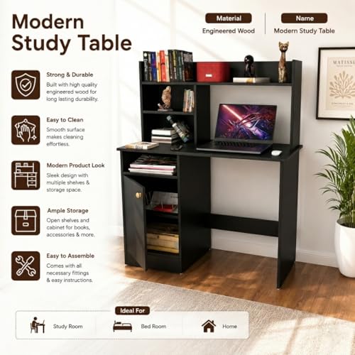 Image of SPYDER CRAFT Modern Indus Engineered Wood Study Table with Storage Shelf | Clean Minimalist Computer Desk for Home, Office, & Bedroom | Durable & Easy to Clean - (Black) (Assembly DIY)