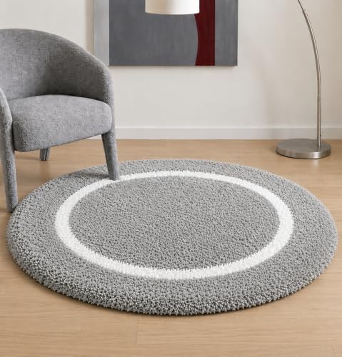 Image of Shaggy Polyester Microfiber Round Rug Carpet for Living Room | Ultra Soft Fluffy Plush Area Rug | Anti-Skid Non-Slip Backing | Washable Carpet for Bedroom- (3x3 feet, Ring Silver, Round)