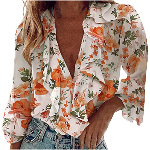 Long Sleeve Shirt for Women Casual Loose Fit Trendy Boho Blouse Top Summer Daily Floral Ruffle V Neck Chiffon Tunic Tee Orange