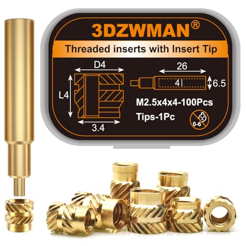 Threaded Inserts with M2-M8 Heat Set Insert Tools,Brass Metric Knurled Nuts for 3D Printing Components and Plastic Parts (M2.5x4x4-100Pcs)