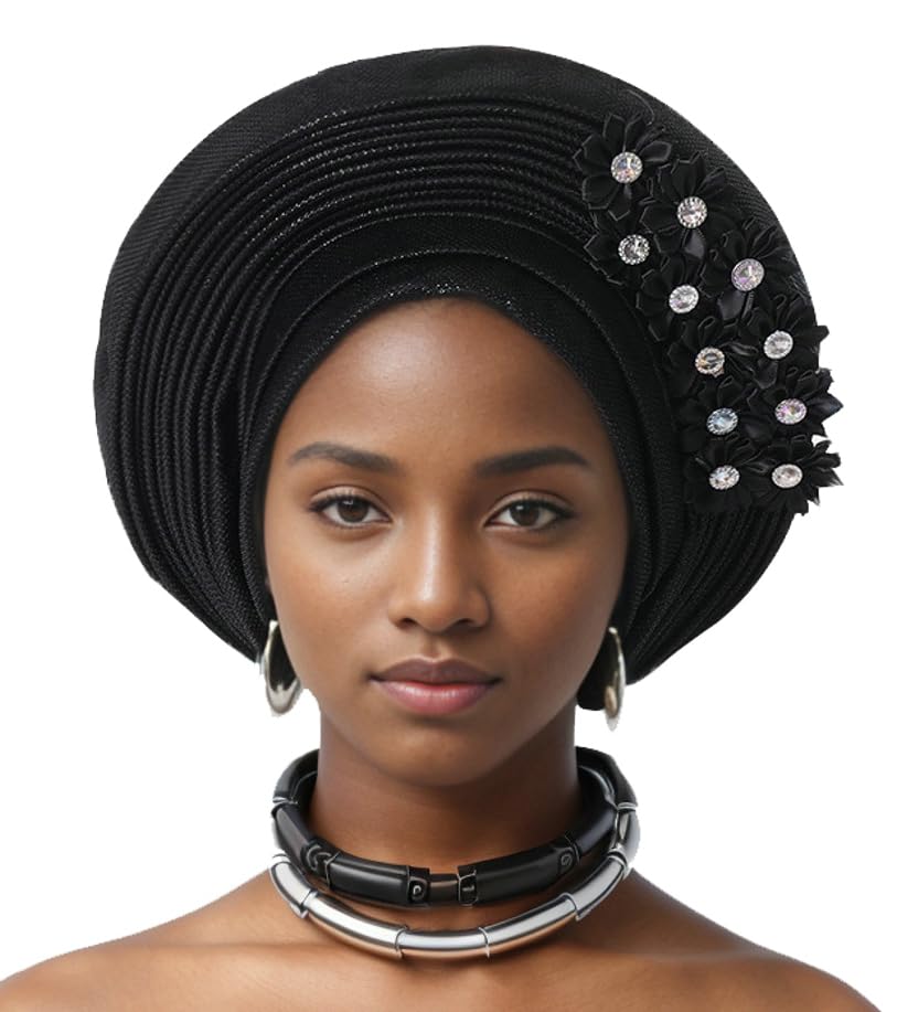 Auto Gele Floral African Head Tie of Nigeria Aso Oke Headwraps Turban Wedding Party Flower Headwear Hijab for Women