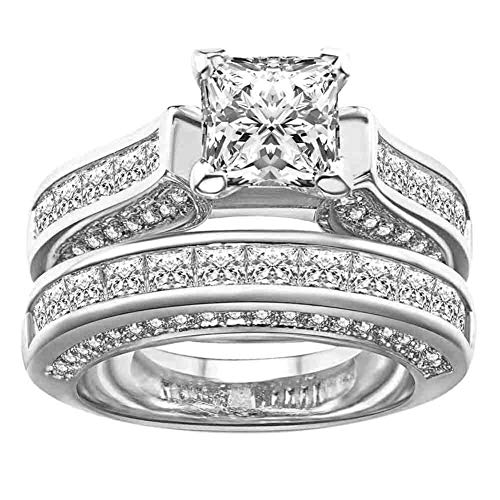 White Gold Plated Womens Wedding Ring Sets Bridal Sets Princess Cut Cz Engagement Ring Wedding Bands