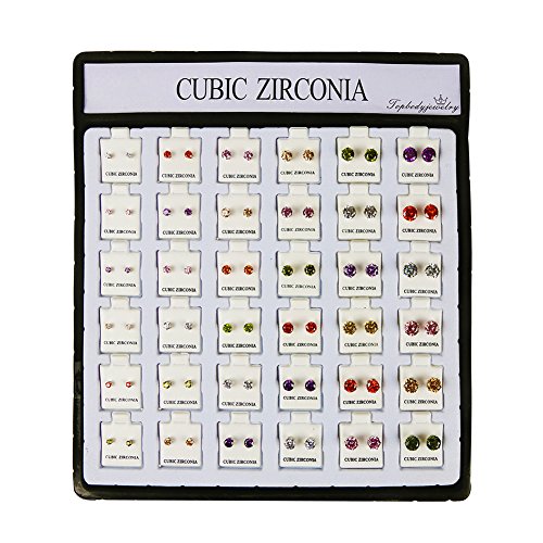 Topbodyjewelry Stud Earrings Set Cubic Zirconia Earrings 36 Pairs 6 Colors 6 Size (3mm-8mm)