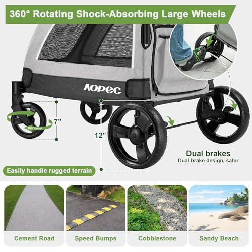 Image of Dog Stroller for Large & Medium Dogs, Dual Entry, 160 lbs Capacity, Gray | Folding Pet Stroller, Adjustable Handle, All-Terrain 4-Wheel, Breathable Mesh & Built-in Safety Leash for Outdoor Trips