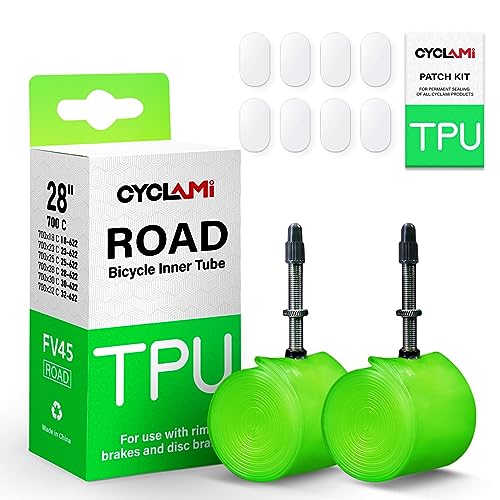 2本セット CYCLAMI 38g 超軽量ロードバイクTPUインナーチューブ700Cバイクタイヤ28インチ700×18 23 25 28 30 32c 金属バルブ長 フランス 45mm 日本語取扱説明書 (8個のPCSバイクインナータイヤパッチ修理キットが含まれています)