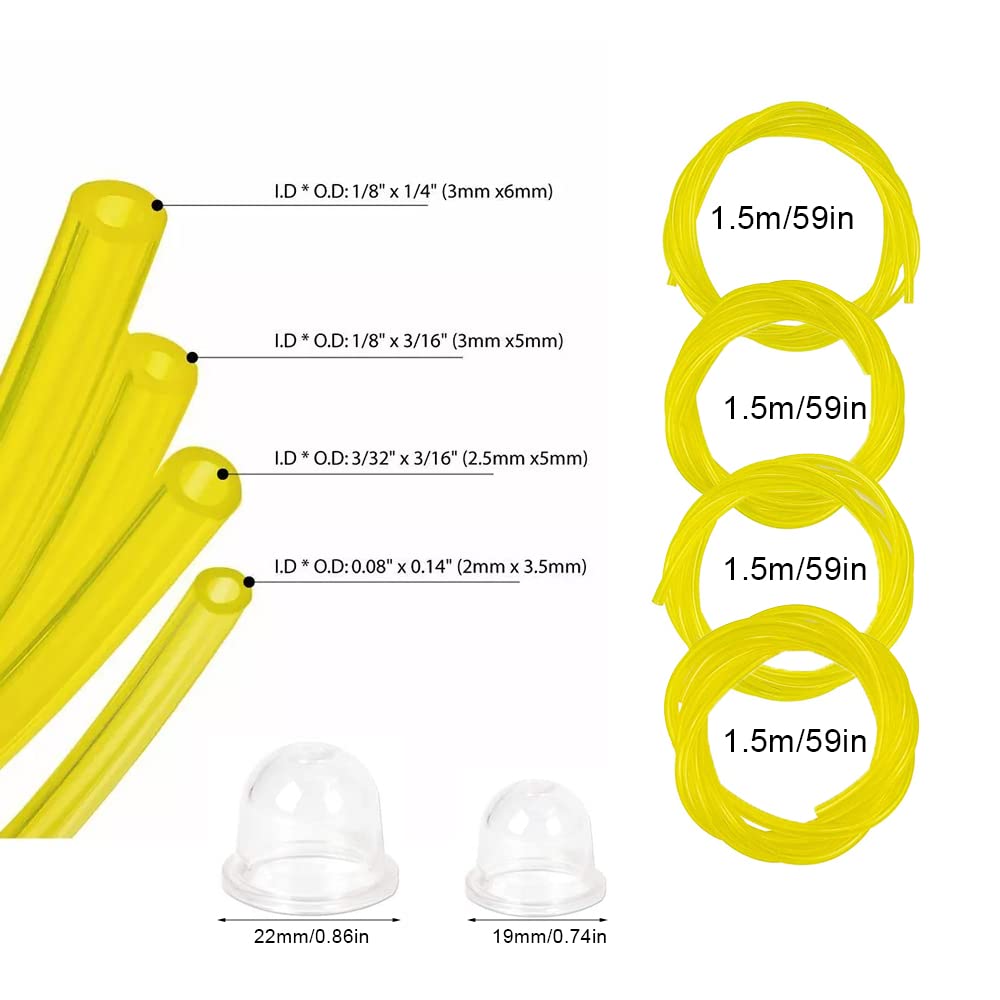 Benzinschlauch Set, 4 Größen – 2x 3,5mm, 2,5x5mm, 3x5mm, 3x6mm | Transparent, ölbeständig, Je 1 Meter | Für Kettensägen, Rasenmäher, Unkrautentferner