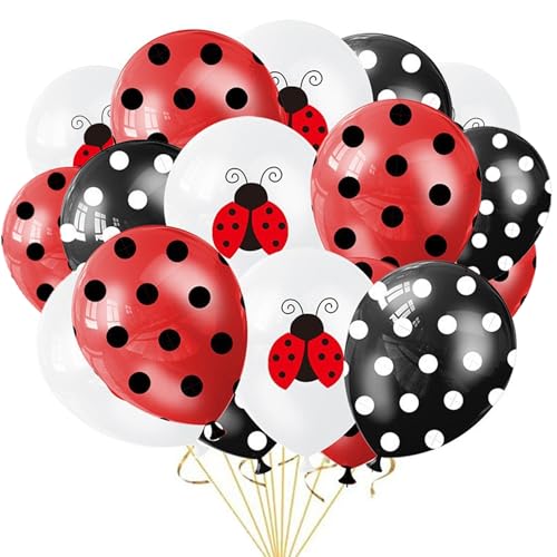 DazzJoy 18 globos decorativos de mariquitas, globos de 12 pulgadas, globos de mariquita, decoración de cumpleaños, globos con lunares de Ladybug, color rojo y negro, decoración de cumpleaños para