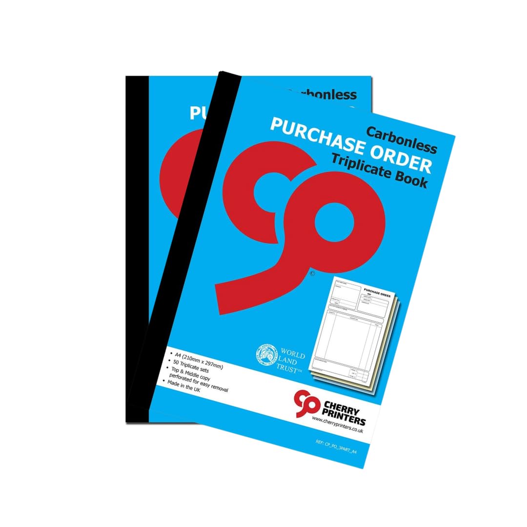 Cherry Printers Carbonless Purchase Order Triplicate Book A4 | 3 Part NCR Order Book | 50 Sets | Perforated Easy Tear Copies | Purchase Order Forms for Business Office Self Employed **2 Pack**