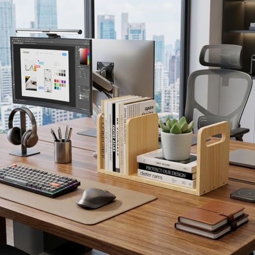 Image of 100% Solid Wood Adjustable Desktop Bookshelf With Movable Divider, Retro Tabletop Bookshelf With Convenient Handle Design for Living Room, Home, Office, Perfect for Magazine Book (Natural Wood Color)