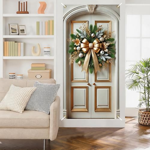 Image of Gold Bow Pine Branch Silver Ball Christmas Door Cover 35x71in