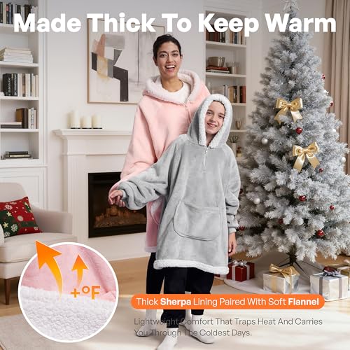 Image of Giggling Getup Wearable Blanket Hoodie for Girls and Boys Sherpa Fleece Hooded Blanket Sweatshirt Warm Cozy Sherpa Wearable Throw Oversized Hoodie with Giant Pocket & Sleeves for Kids Pink