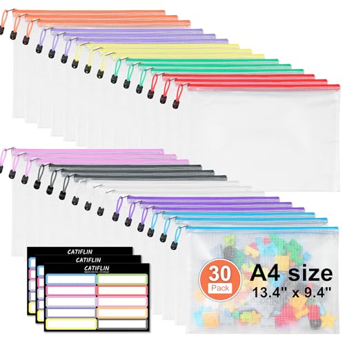 CATIFLIN 30 Pack Mesh Zipper Pouch Bags, A4 Letter Size, Clear Pl...