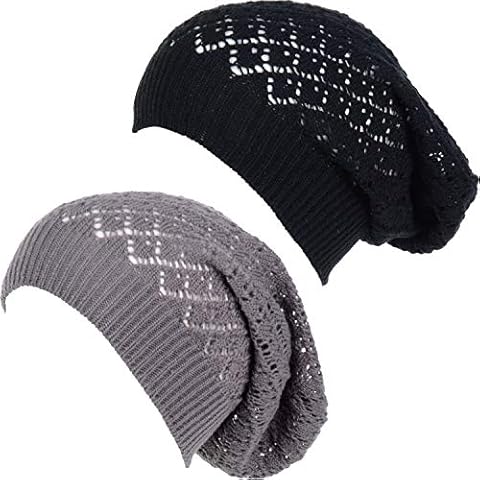 BYOS Women's Airy Cutout Cable Lightweight Slouchy Crochet Knit Beanie Hat, Diamond Pattern-2 Pack-charcoal Gray & Black, One Size Cover