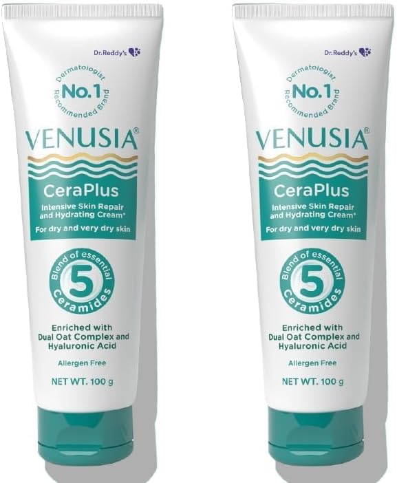 Dr. Reddy's Venusia CeraPlus Moisturizing Cream For Dry Skin - Formulated With 5 Essential Ceramides, Oat Complex & Hyaluronic Acid | Hypoallergenic and Fragrance-Free | 100 g (Pack of 2)