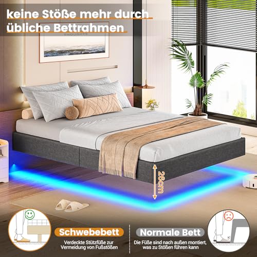 Brinlawb Bett 90x200 mit Lattenrost aus Holz, Bettgestell 90 x 200 cm mit LED Beleuchtung, Gästebett Jugendbett 90x200 cm Einzelbett Schwebebett mit Grauem Leinen, perfekt für Schlafzimmer Gästezimmer