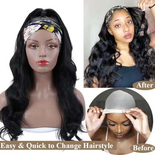 Colorful Queen Glueless Headband Wig Long Black Body Wave Headband Wigs for Black Women Synthetic Natural Looking Wavy Wig Heat Resistant 180% Density (26inch, 1B#) - Image 4