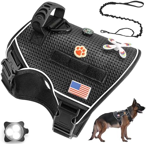 Tactical Dog Harness for Medium Large Dogs No Pull,Service Dog Vest Harness and Leash Set with Dog Collar Light,Military Dog Harness with Handle,Black,M(Chest:27″-38″)