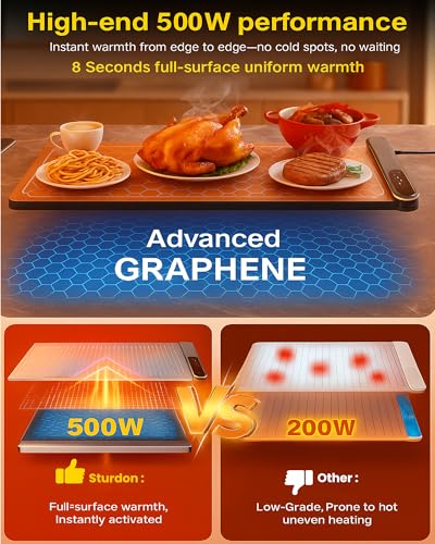 Graphene Large Food Warming Mat 500W 24\"x16\" with Insulation Pad for Countertop, Chafing Dishes for Buffet, Food Warmers for Parties, Hot Pads for Kitchen, Portable Heating Pad, Custom Setting, Grey