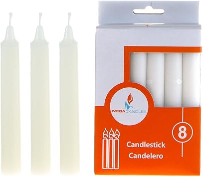 Mega Candles 8 pcs Unscented 5 Inch White Taper Candles, Multi Purpose, Household General Usage, Emergency Lighting, Church, Prayer Vigils, Religious Ceremonies