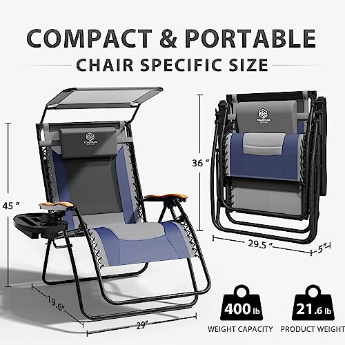 doubob Zero Gravity Chair Camping Recliner Folding Outdoor Patio Lawn Adjustable Lounge Chair with Canopy Shade, Headrest, Side Drink Tray Dark Blue - Image 4