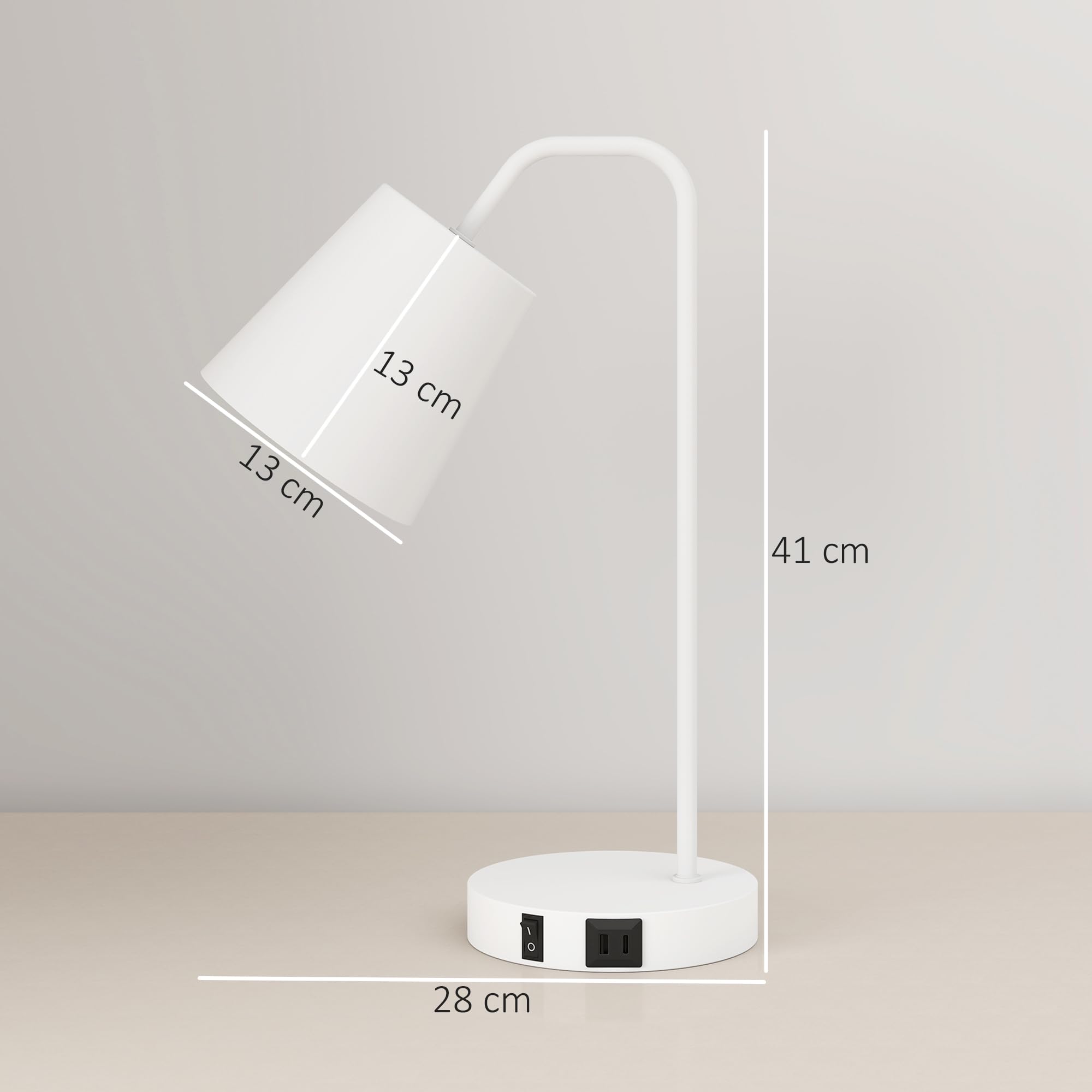 HOMCOM Set di 2 Lampade da Tavolo Moderne, Lampade da Scrivania in Acciaio con Porte USB, Attacco E27, Lampadina non Inclusa, per Salotto, Studio e Camera da Letto, Bianco