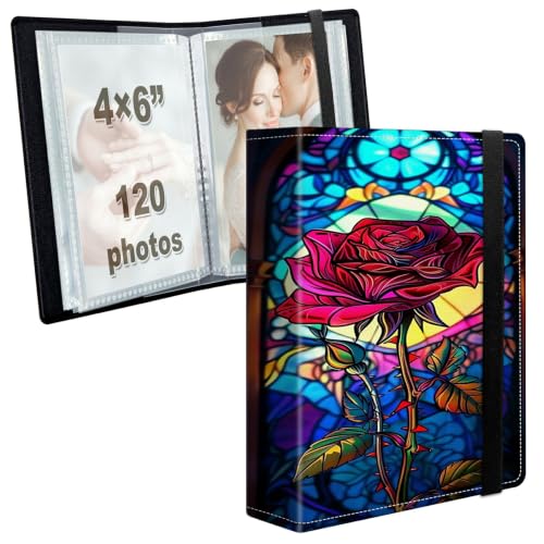 Image of Photo Album 4x6 120 Photos with Strong Elastic Band, Stained Rose Window | Large Capacity Premium Leather Picture Album, Portable Wallet Albums Photo Book for Family Anniversaries Wedding Baby
