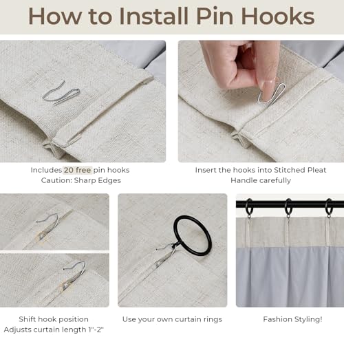 Linen Pinch Pleated Blackout Curtains, 70 inches Wide Drapes, Extra Wide Curtains with 20 Hooks, Ideal for Bedroom and Living Room, 70" W x 102" L (Pack of 2), Natural