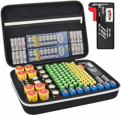 バッテリーストレージオーガナイザーボックス テスター付き BT-168、バラエティケース 140+ AA、単4、C、D、9V、リチウム3Vボタン電池を収納可能 - 電池は含まれません(ブラック)の商品画像（Amazon）