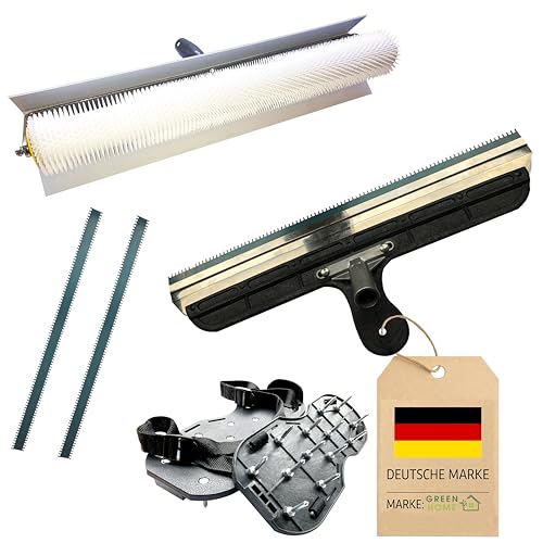 Green Home Entlüftungsroller Set | 50 cm Entlüftungswalze + Nylon-Nagelsohlen [35 mm] (fertig montiert) + Stehrakel Großflächenrakel 560 mm | Für Epoxidharz, Fließestrich & Bodenausgleich