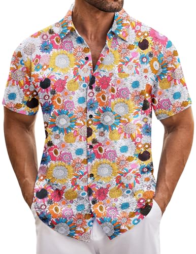 COOFANDY Herren Hawaii Hemd Kurzarm Casual Sonnenblume Hawaii Hemden Männer Button Down Hawaiihemd Urlaub Regular Fit Sommerhemd PAT1 XL