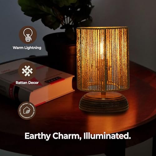 Image of Ikari Homes Wood Boho Raffia Incandescent Table Lamp I Night Lamp for Bedroom Bedside & Center Table Lamp for Restaurant I Office Desk Lamp I I Home Decor Items I Size 21.5 x 12.9 cm, Brown