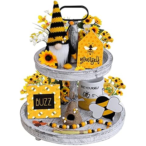 CRCZK Bee Decorations, Spring Farmhouse Honey bee Tiered Tray Decor,Bumble Bee Gnome Plush,3X Bee Wood Sign, Mini Bee Hive, Wood Bead Garland,Rustic Farmhouse Kitchen Table Bee Decor Cover