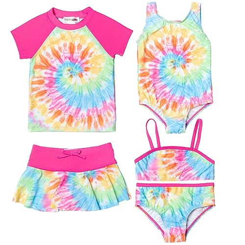 Rainbow Tie-Dye Toddler Girls Swimsuit Set: Rash Guard Bikini Skort One-Piece 3T