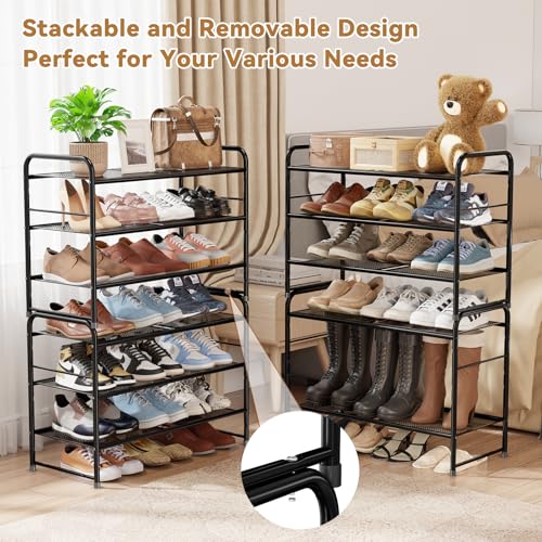 Image of Shoe Rack, 3 Tier 27 inch Wide Metal Mesh Shoe Organizer for Closet Holds up to 9-12 Pairs, Stackable, Black