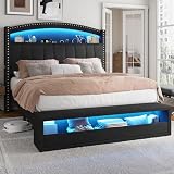 CIKUNASI Queen Bed Frame with Storage Headboard and Bench Upholstered Bed Frame Queen Size with 2 LED Lights Charging Station Storage Bed No Box Spring Needed