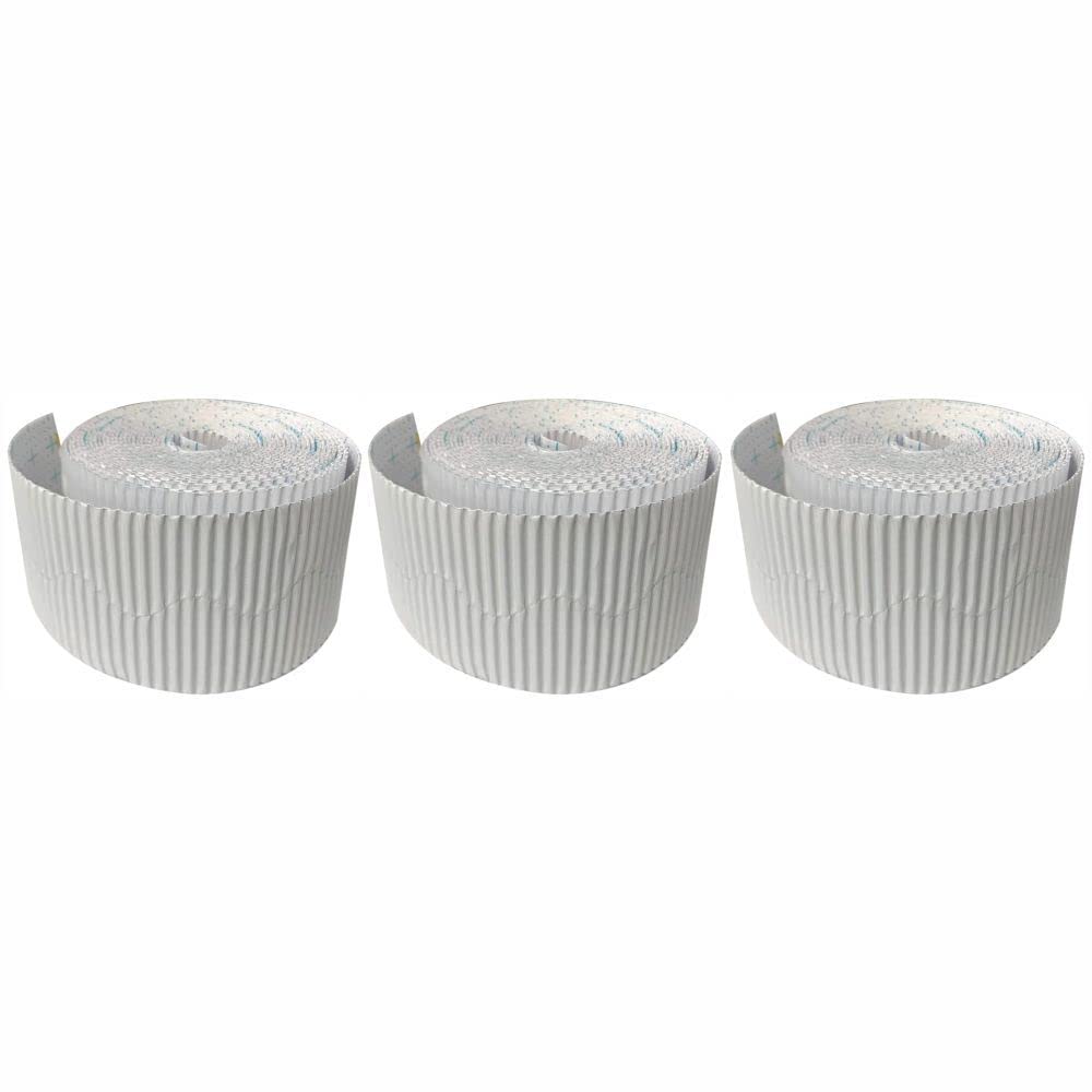 3 Ace Crafts (Pack of 3) Corrugated Display Borders Roll (White) size 57mm x 15m for School Classroom Decoration, Bulletin Boards and Crown Making, Scalloped Edge Border Roll Fade Resistant