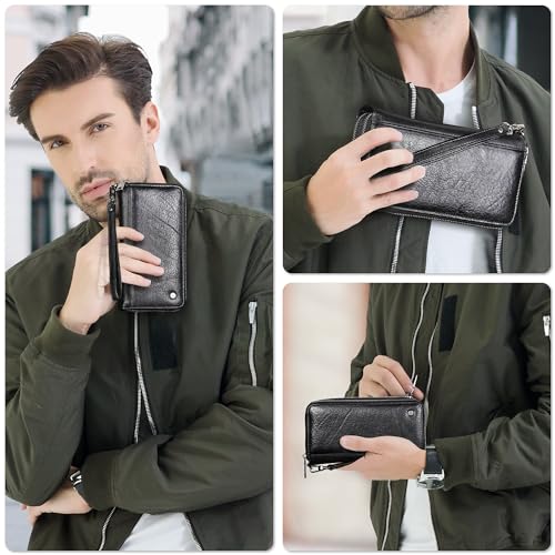 Image of Top Grain Genuine Leather Handheld Purse Wallet for Man & Woman, Classic Vintage Design, Fully Handmade, 2 Zipper Pockets & Multiple Slots, RFID Large Capacity for Daily /Business /Traveling /Gift, Black