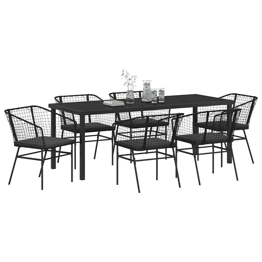 Ensemble de repas en résine tressée noir 7 pcs résistant aux intempéries pour jardin