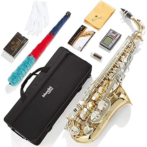 Mendini By Cecilio Eb Alto Saxophone - Case, Tuner, Mouthpiece, 10 Reeds, Pocketbook - Gold & Nickel E Flat Musical Instruments Cover