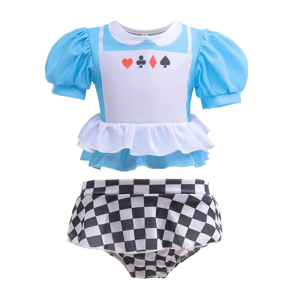NEWEPIE Alice in Wonderland Princess Two-Piece Tankini Swimsuit for Girls Swimwear Surf Beach Summer Swimming Bikini Set 3-4T