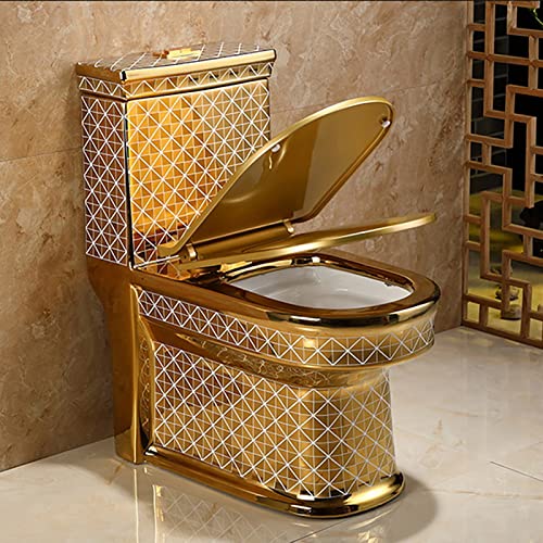 Inodoro moderno sifónico, una pieza con doble descarga silenciosa, color dorado, altura universal, de cerámica para baño en casa u hotel (305 mm, 680x380x760 mm) miniatura 2