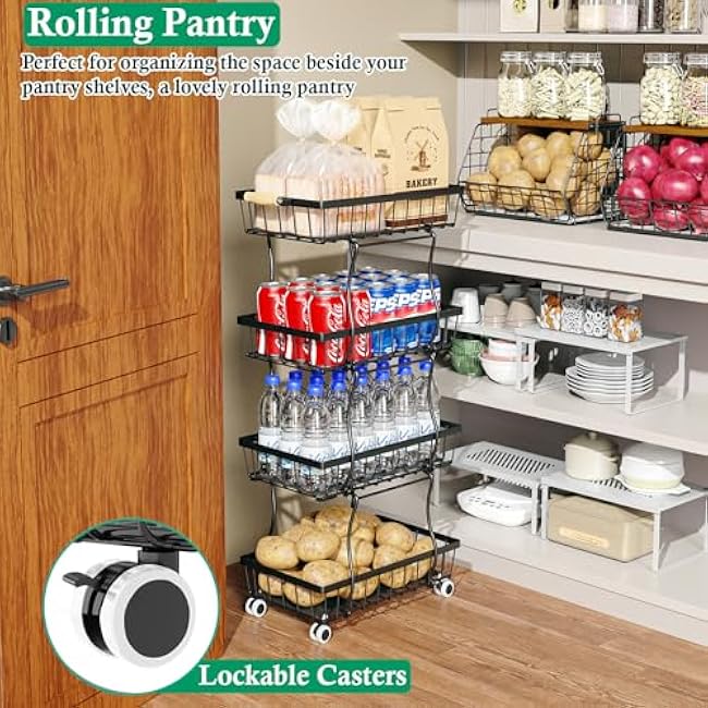 Fruit Basket, 4-Tier Small Kitchen Organizer and Storage Cart on Wheels, Rolling Pantry Snack Cart with Handle for Storing Fruit, Potato, Onion, Snacks, Vegetables, Bread, Produce-mB6z3s8y